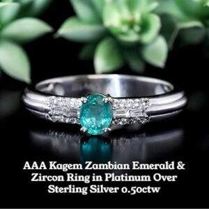 AAA Kagem Zambian Emerald & Zircon Ring in Platinum Over Sterling Silver